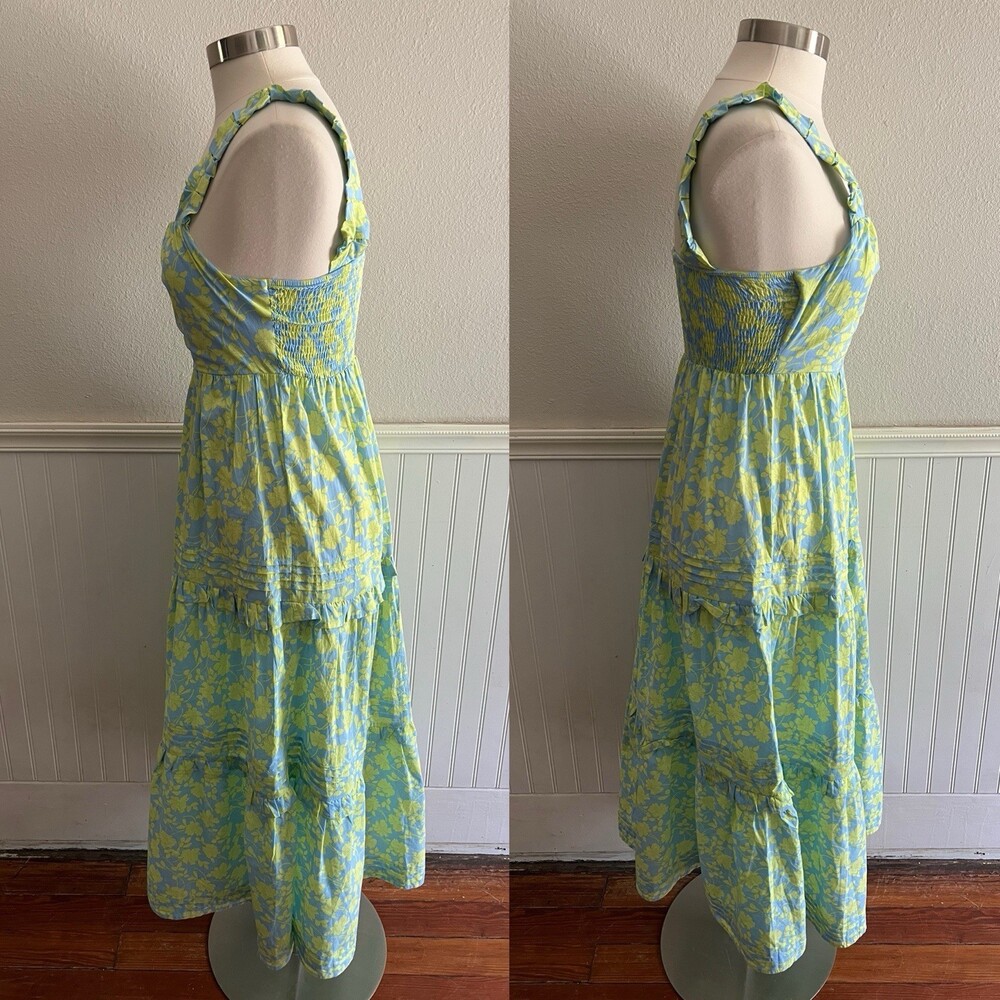 Avara Tiered Maxi Dress Pleated Straps Ruffles Smocked Boho Blue Floral S - Picture 2 of 12